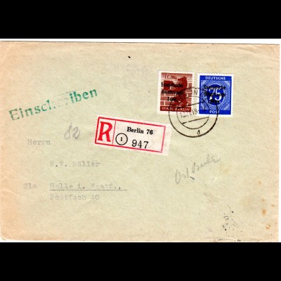 SBZ 1948, 10+75 Pf. auf Einschreiben Brief v. Berlin 76 n. Halle