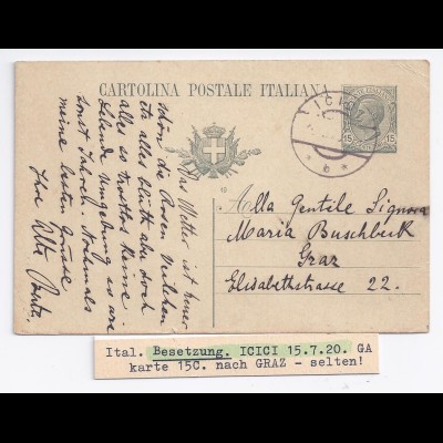 Italien 1920, Ganzsache v. ICICI Kroatien n. Graz. Italienische Besetzung! #1958