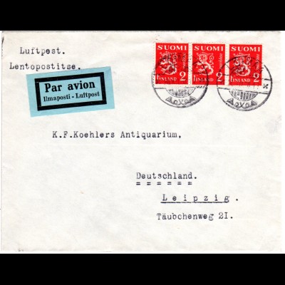 Finnland 1938, MeF 3x2 MK. auf Flugpost Brief v. LOIMAA n. Leipzig