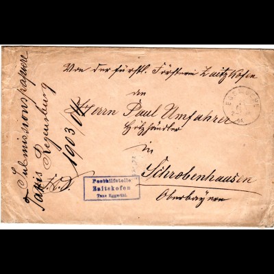 Bayern 1904, Posthilfstelle ZAITSKOFEN Taxe Eggmühl auf portofreiem Brief 