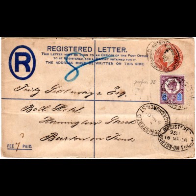 GB 1905, 5d Zusatzfr. auf Einschreiben Ganzsache Brief v. GRACECHURCH
