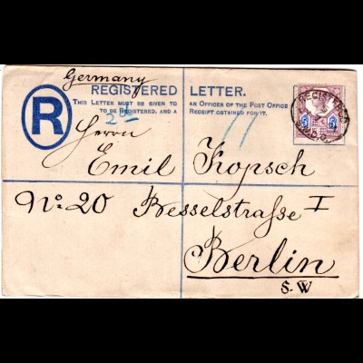 GB 1891, 5d Zusatzfr. auf Einschreiben Ganzsache Brief n. Deutschland