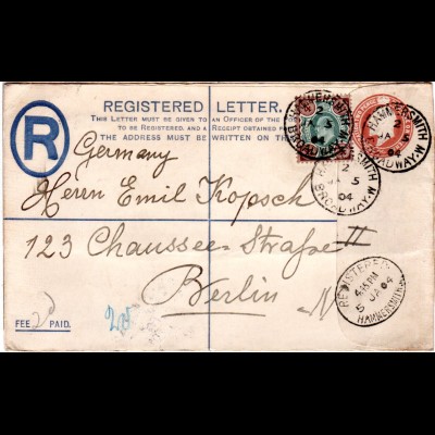 GB 1904, 4d Zusatzfr. auf Einschreiben Ganzsache Brief n. Deutschland