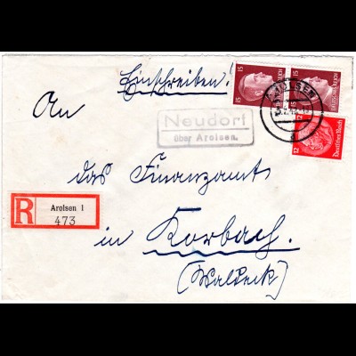 DR 1942, NEUDORF über Arolsen, Landpost Stpl. auf Einschreiben Brief 