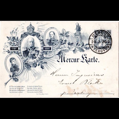 Private Stadtpost Hannover 1898, gebr. 2 Pf. Mercur Ganzsachenkarte 