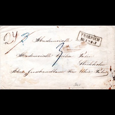 Preussen 1857, Saar-R2 TRARBACH auf Porto Brief via Hamburg n. Schweden.