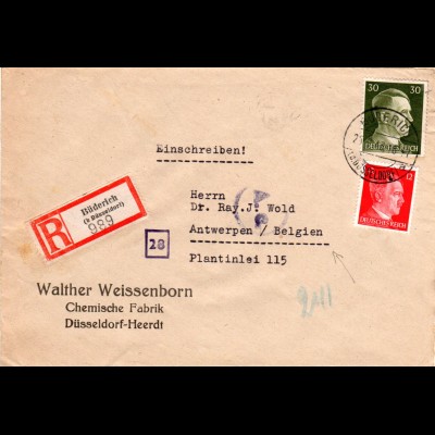 DR 1943, 12+30 Pf. auf Reko Zensur Brief v. Büderich n. Belgien. Europaporto!