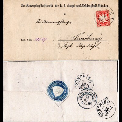 Bayern 1879, 10 Pf. WZ "weite Welle" auf Brief m. Stadtsiegel v. München 