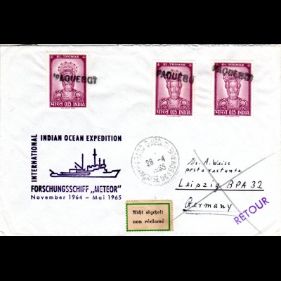 Indien 1965, 3 Marken auf Djibouti PAQUEBOT Expeditions Schiffs Brief
