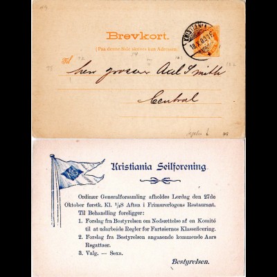 Norwegen 1900, 3 öre Orts-Ganzsache v. Kristiania m. rs. Seilforening Zudruck 