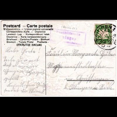 Bayern 1906, Posthilfstelle Ehingen Taxe Dettingen auf Karte m. 5 Pf.