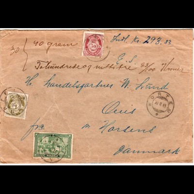 Norwegen 1915, 1+5+50 öre auf gesiegeltem Wert Brief v. HORTEN n. Dänemark