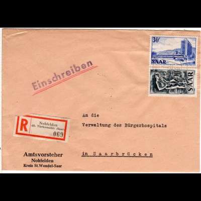 Saar 1955, 20+30 F. auf Einschreiben Brief v. NOHFELDEN üb. Türkismühle