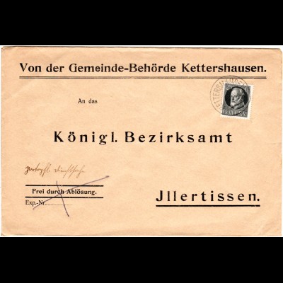 Bayern 1917, EF 25 Pf. Kriegssdruck auf Gemeinde Brief v. KETTERSHAUSEN