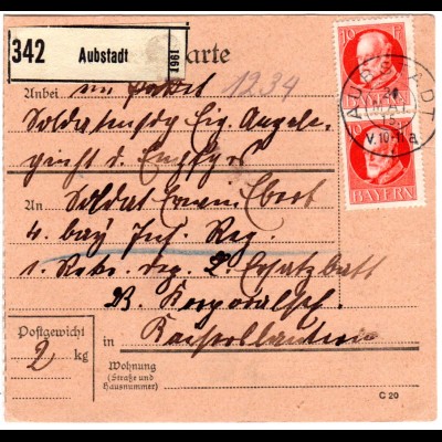 Bayern 1915, MeF 2x10 Pf. Friedensdr. auf Soldaten-Paketkarte v. AUBSTADT. Gepr.