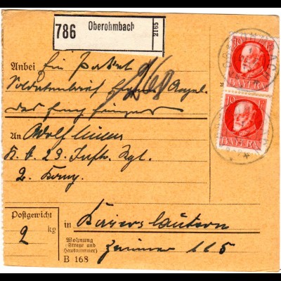 Bayern 1915, MeF 2x10 Pf. Friedensdr. auf Soldaten-Paketkarte v. OBEROHMBACH