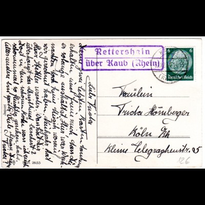 DR 1934, Landpost Stpl. RETTERSHAIN über Kaub auf Karte m. 6 Pf. 