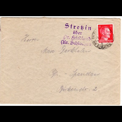 DR 1942, Landpost Stpl. SCHÖNAU über Salnau auf Brief m. 12 Pf. u. Stpl. Wallern