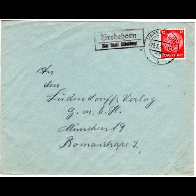 DR 1936, Landpost Stpl. BREDEHORN über Varel (Oldenburg) auf Brief m. 12 Pf.