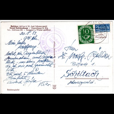 BRD 1951, BELCHEN Höchste Posthilfstelle Badens auf AK m. 10 Pf u. Stpl. Schönau