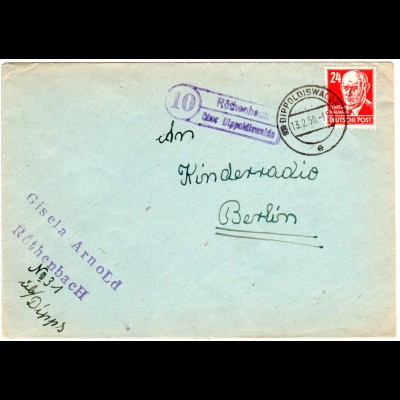 DDR 1950, Landpost Stpl. 10 RÖTHENBACH über Dippoldiswalde auf Brief m. 24 Pf.