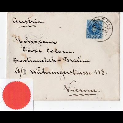Spanien 1906, 25 C. auf Brief v. Madrid n. Österreich m. rücks. royalem Siegel