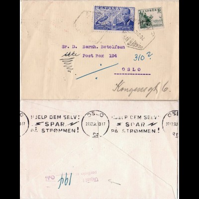 Spanien 1951, 1 Pta.+15 C. auf unzustellbarem Luftpost Brief n. Oslo, Norwegen