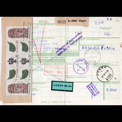 Österreich 1971, Paketkarte v. FÜGEN m. Schweden Nachporto u. Postformular