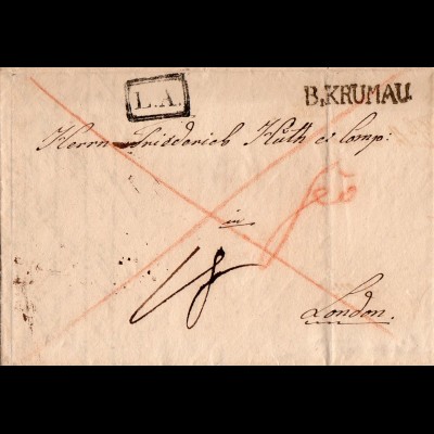 Österreich 1830, L1 B. KRUMAU u. R1 L.A. auf Teilporto Brief n. GB