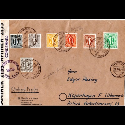 1946, selt. Zensur-L1 CONDEMNED auf Brief m. 7 AM-Post Marken v. Hannover n. DK