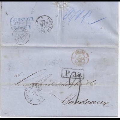 Dänemark Frankreich 1866, Porto Brief v. Kopenhagen m Stpl. "P.39" u. "9". #1040