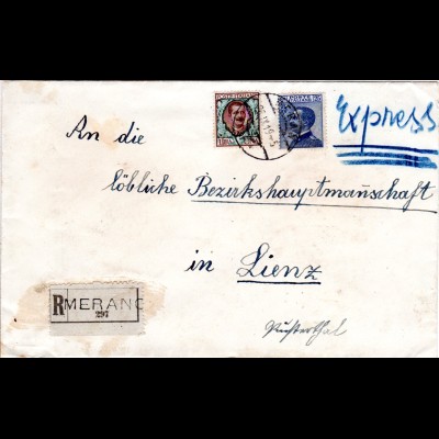 Italien 1919, 1 L.+25 C. auf Einschreiben Eilboten Brief v. MERANO n. Lienz.