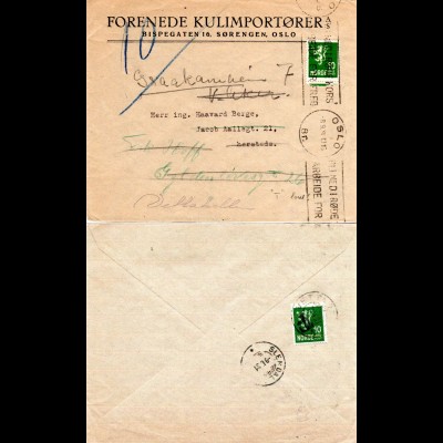 Norwegen 1931, Orts Brief m. Nachsendung v. Oslo m. rücks. 10 öre Portomarke