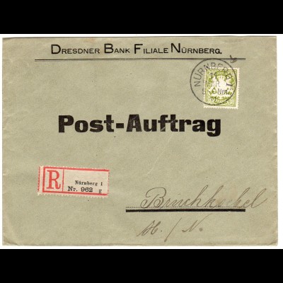 Bayern 1911, 30 Pf auf Einschreiben Post-Auftrag Brief v. Nürnberg n. Bruchköbel