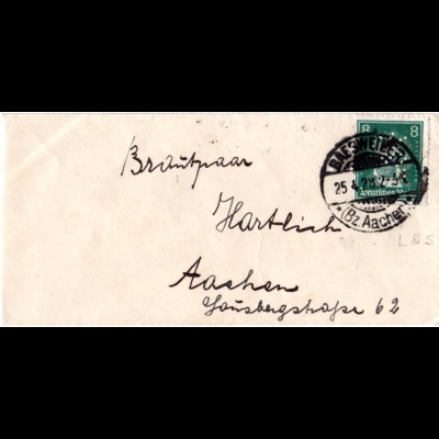 DR 1928, 8 Pf. m. Firmenlochung L&S auf kl. Brief v. BAESWEILER n. Aachen