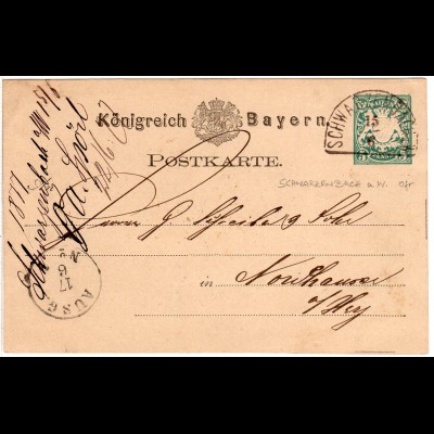 Bayern 1877, HKS SCHWARZENBACH a.W. auf 5 Pf. Ganzsache n. Nordhausen