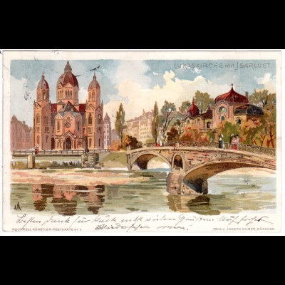 München, Lukaskirche m. Isarlust, 1901 gebr. Litho-AK