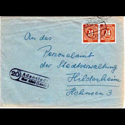 1946, Landpost Stpl. 20 ADENSTEDT über Alfeld klar auf Brief m. Paar 24 Pf. 