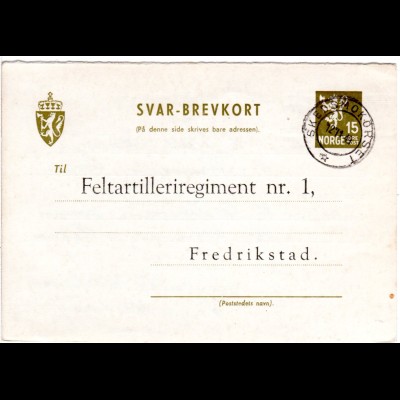 Norwegen 1949, gebr. 15 öre Ganzsache Antwortteil m. Militärzudruck.