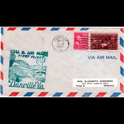 US 1947, Danville Erstflug Stpl. m. Tabakpflanze u. Zigarette, Brief m. 2+3 C.