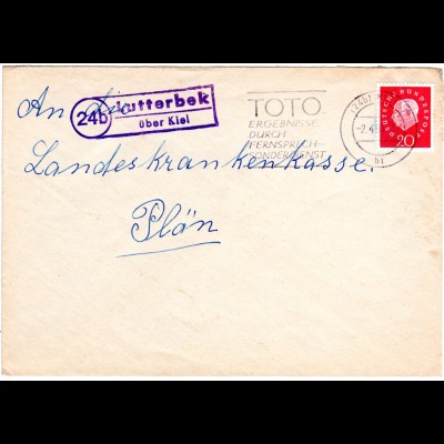 BRD 1960, Landpost Stpl. 24b LUTTERBEK über Kiel auf Brief m. 20 Pf. n. Plön.