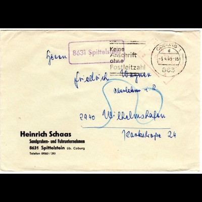 BRD 1963, Landpost Stpl. 8631 SPITTELSTEIN auf Firmen Brief m. Porto v. Coburg