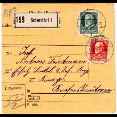 Bayern 1915, 10+60 Pf Friedensdruck auf Paketkarte v. Schweinfurt. Geprüft