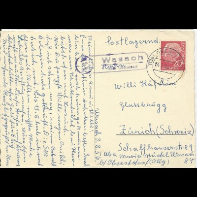 BRD 1956, Landpost Stpl. Wasach über Oberstdorf auf Karte m. 20 Pf. #2164