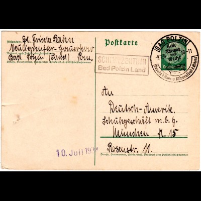 DR 1934, SCHMALZENTHIN Bad Polzin Land, Landpost Stpl. auf 6 Pf. Ganzsache
