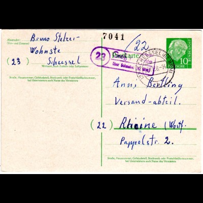 BRD 1958, Landpost Stpl. 23 GROSS WOHNSTE über Scheessel auf 10 Pf Ganzsache