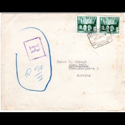 Spanien 1954, MeF Paar 5 P. Eisenbahn auf Einschreiben Brief n. Österreich