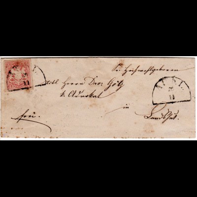 Bayern 1869, breitr. 3 Kr. auf kl. Brief m. HKS AU b.L. (Landshut)