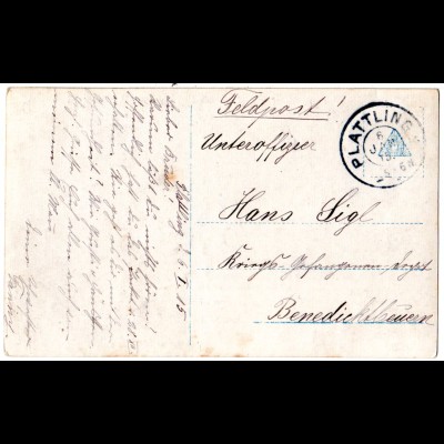 Bayern 1915, Reservestempel PLATTLING 2 R auf Feldpost Karte