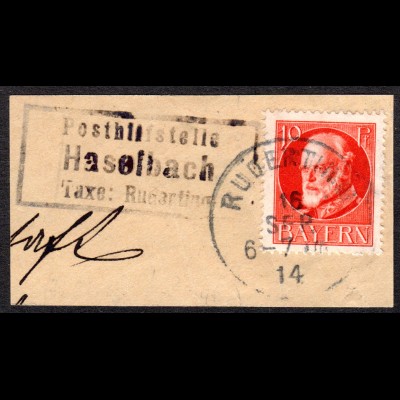 Bayern 1914, Posthilfstelle HASELBACH Taxe Ruderting auf Briefstück m. 10 Pf.